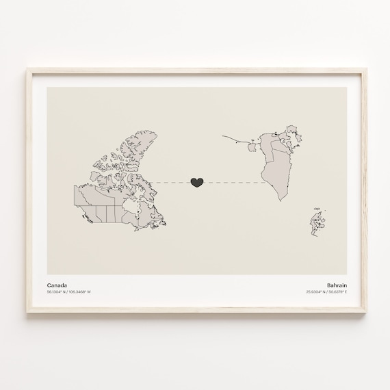 Canada To Bahrain Long Distance Love Minimalist Map Art Poster