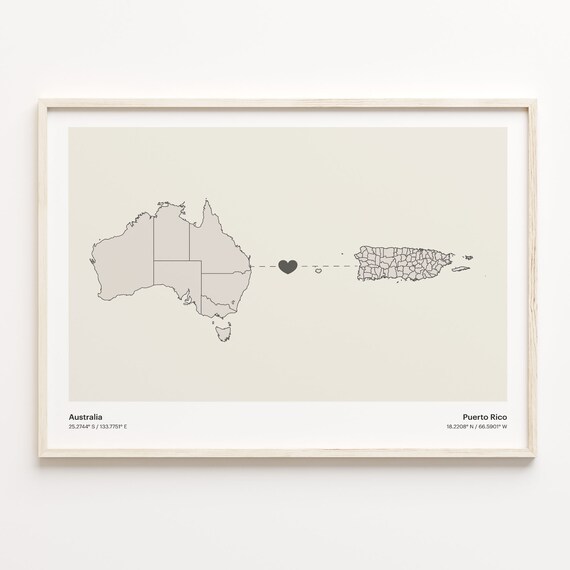 Australia Puerto Rico Long Distance Heart Map Minimalist Love Print