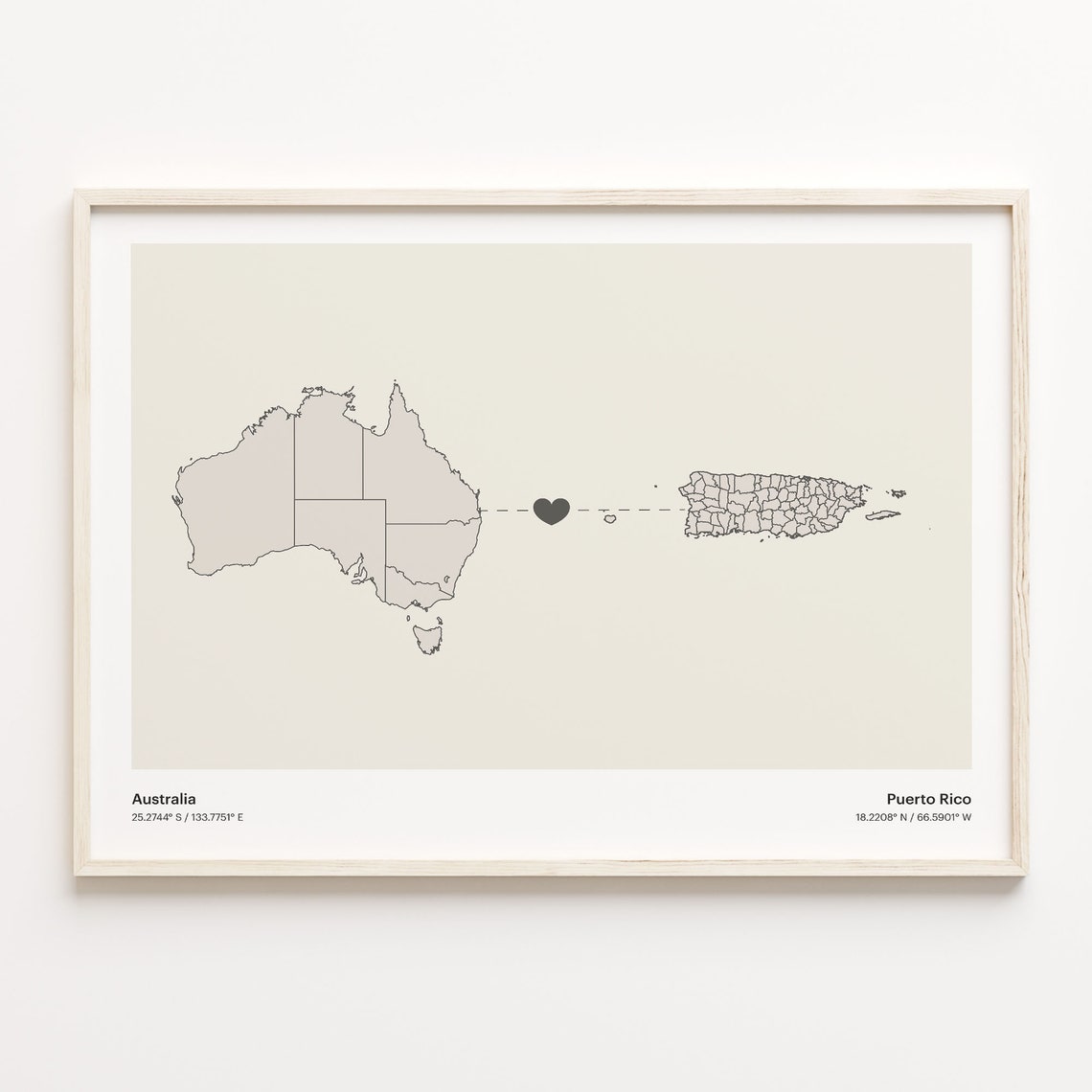 Australia Puerto Rico Long Distance Heart Map Minimalist Love Print