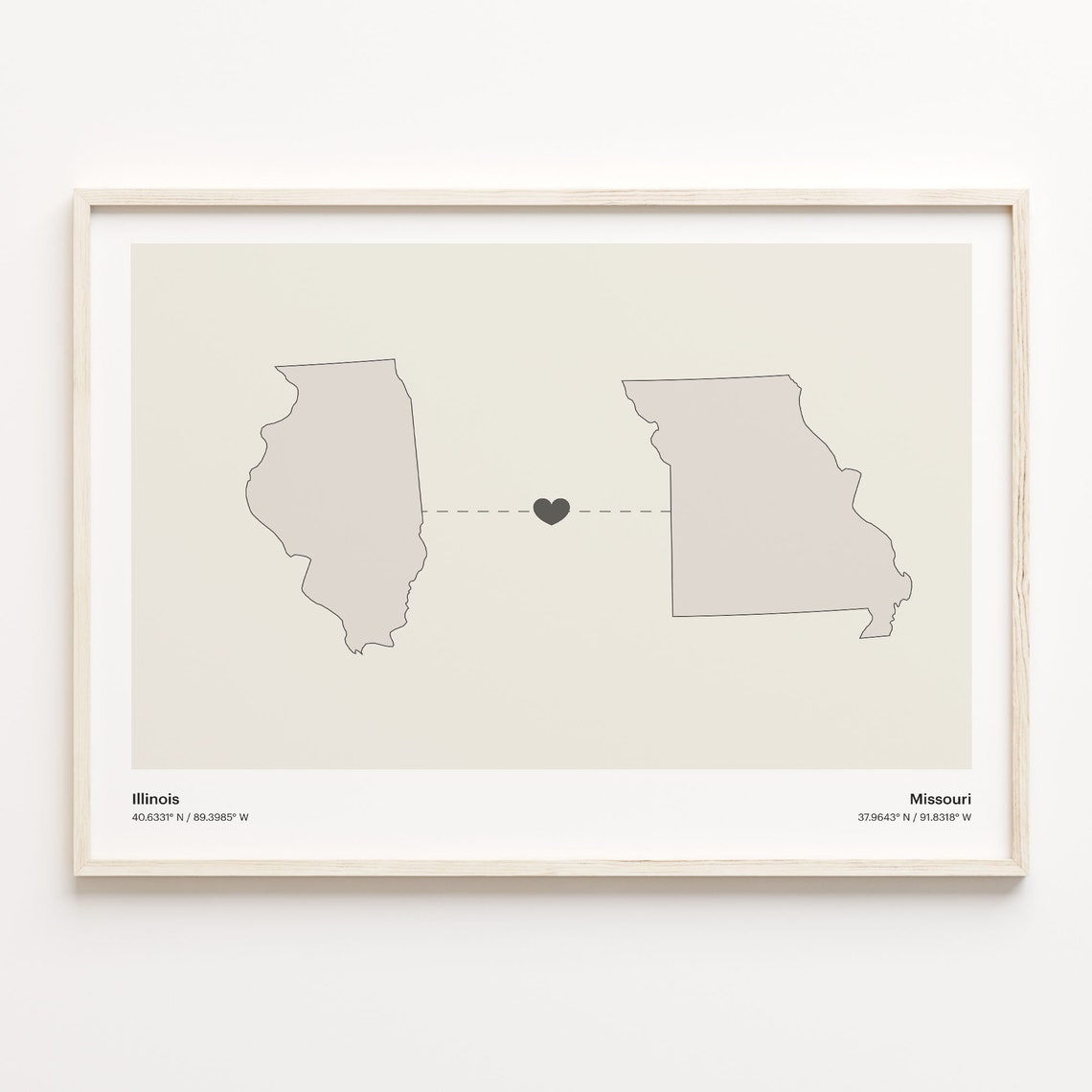 Illinois to Missouri Long Distance Heart Connection Map Poster