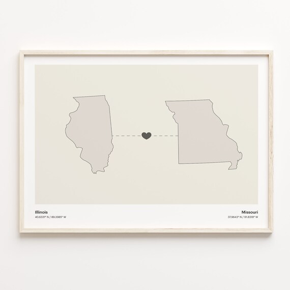 Illinois to Missouri Long Distance Heart Connection Map Poster