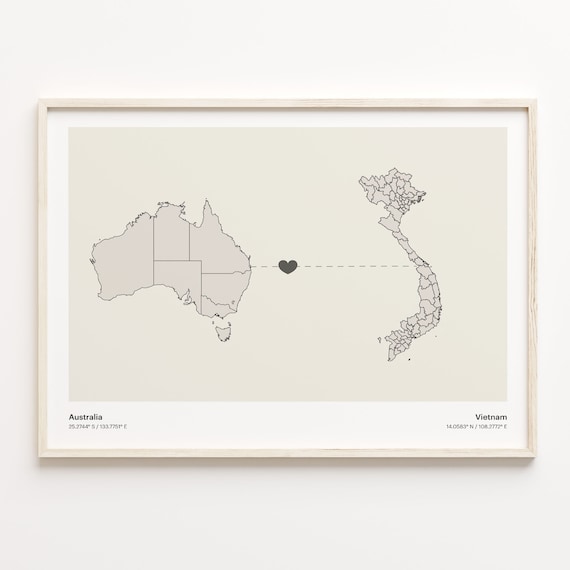 Australia Vietnam Long Distance Heart Map Minimalist Love Print