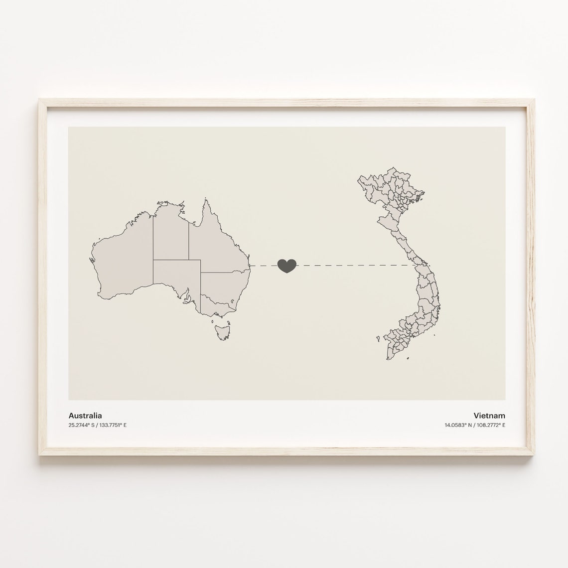 Australia Vietnam Long Distance Heart Map Minimalist Love Print