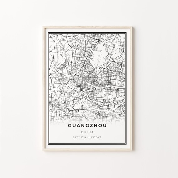Guangzhou China Black and White Minimalist City Street Map Poster