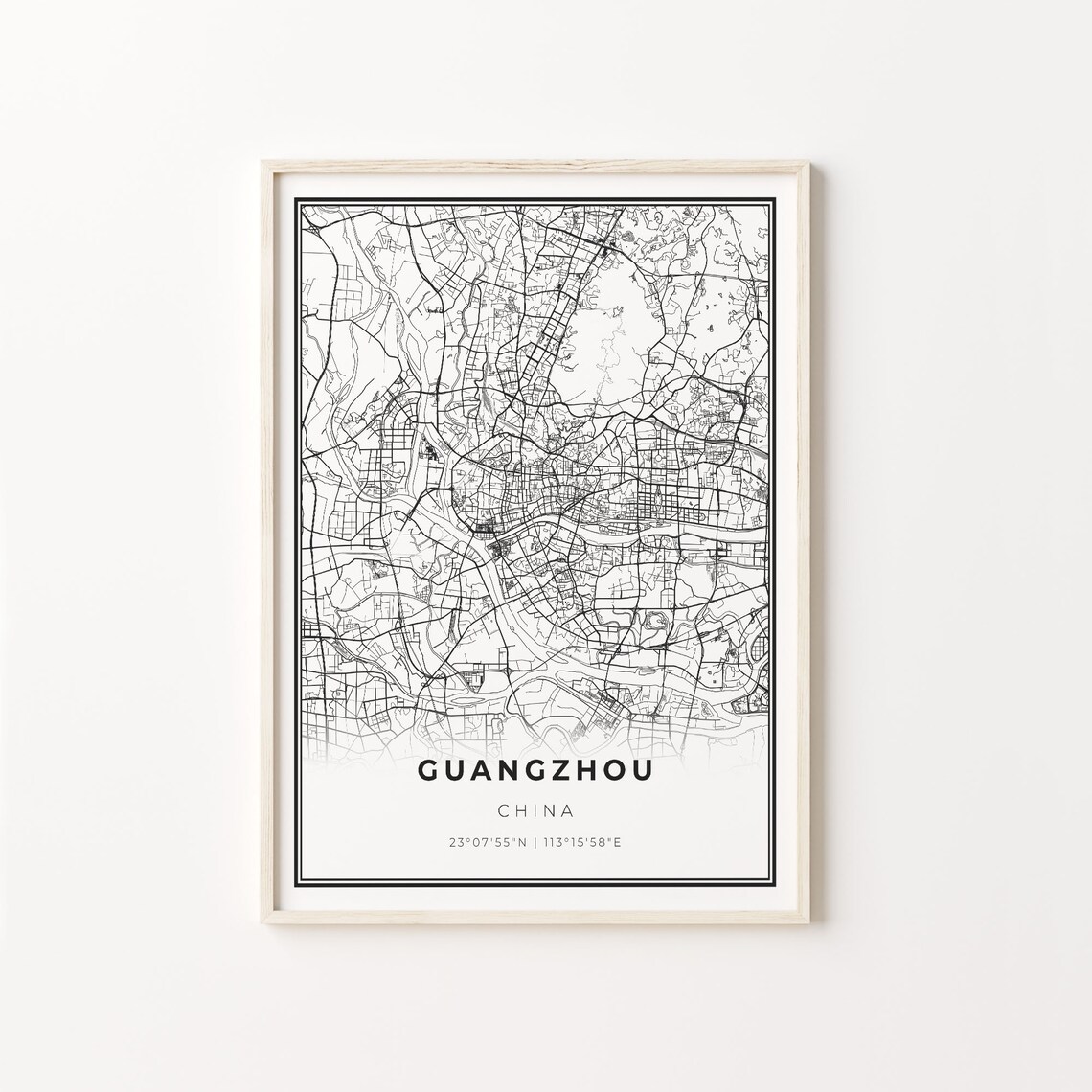 Guangzhou China Black and White Minimalist City Street Map Poster