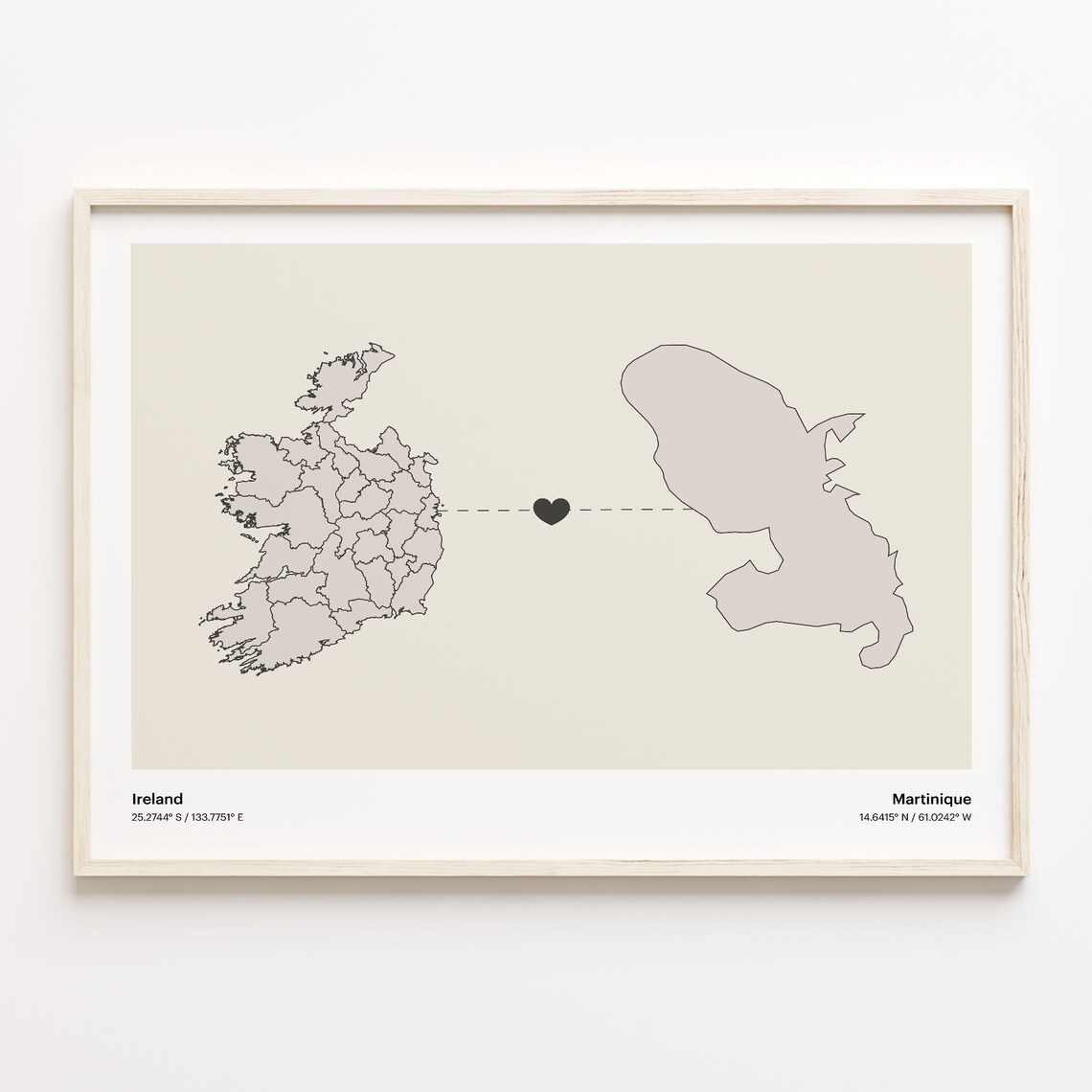 Ireland and Martinique Couple Long Distance Love Heart Map Poster