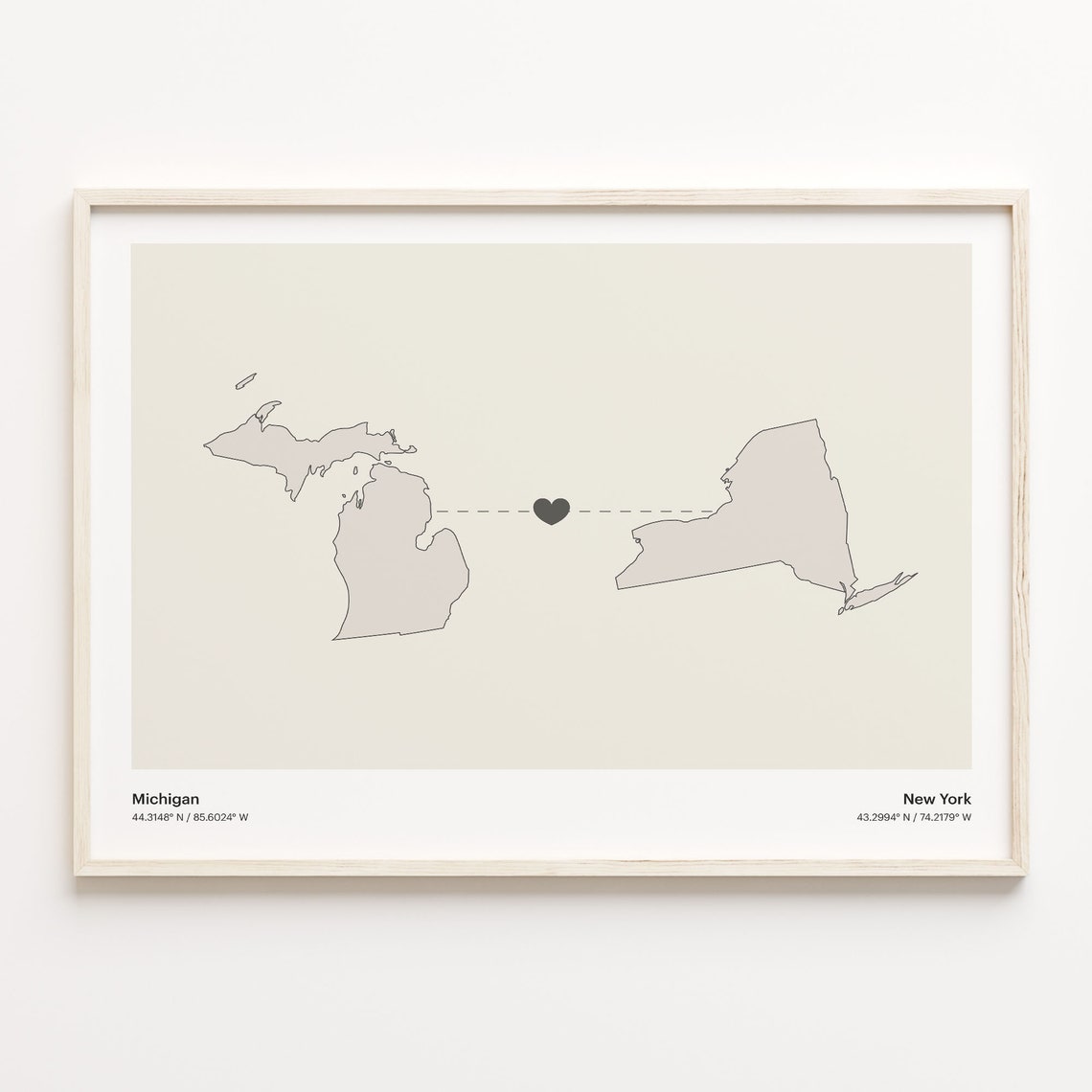 Michigan to New York Heart Connection Map Long Distance Gift Poster