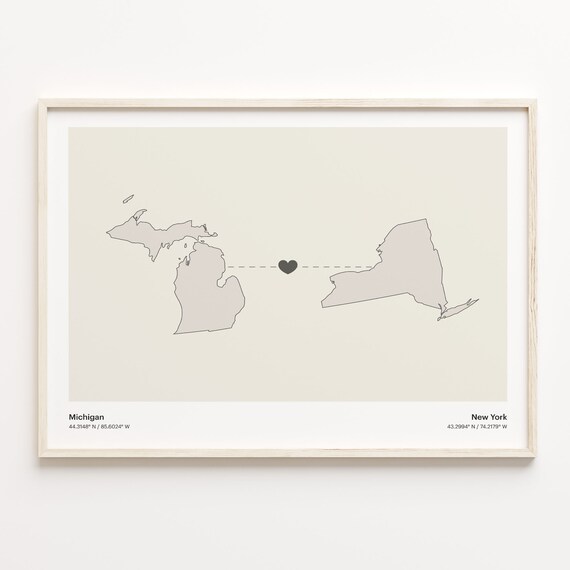 Michigan to New York Heart Connection Map Long Distance Gift Poster