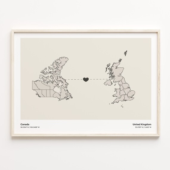 Canada To United Kingdom Minimalist Map Heart Connection Gift Poster
