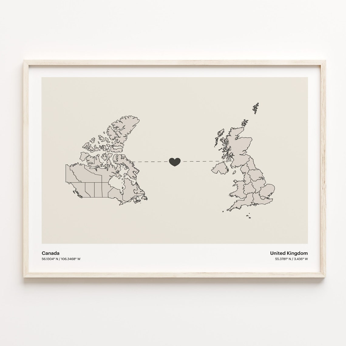 Canada To United Kingdom Minimalist Map Heart Connection Gift Poster