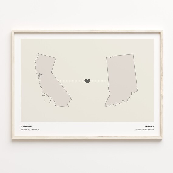 California To Indiana Heart Connection Minimalist Map Poster
