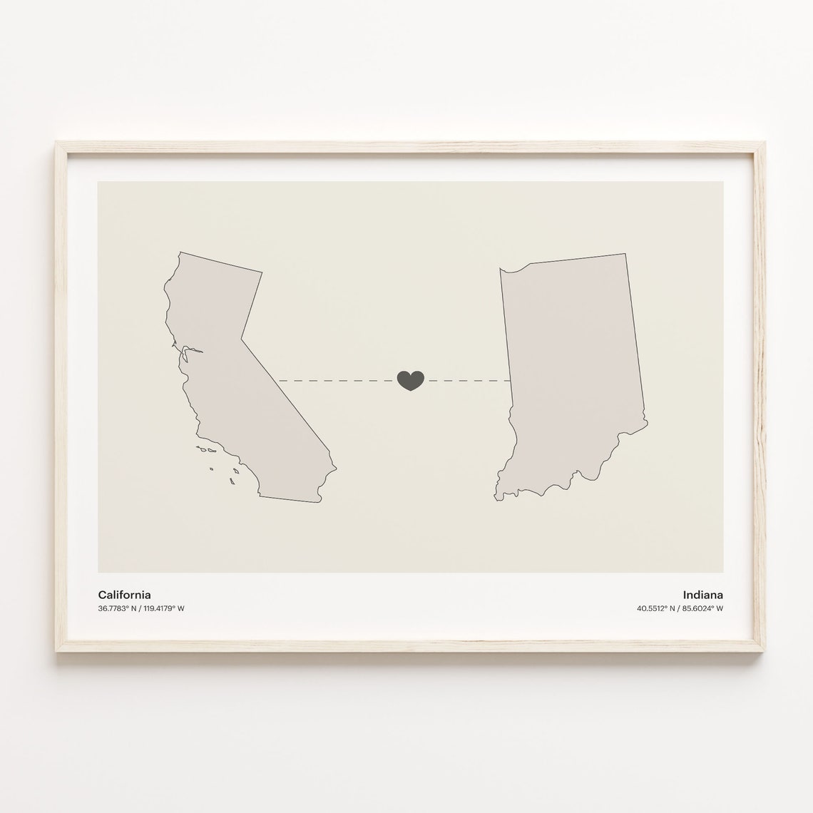 California To Indiana Heart Connection Minimalist Map Poster