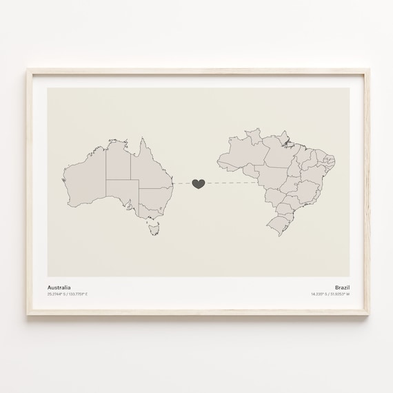 Australia to Brazil Minimalist Heart Couple Connection Map Poster