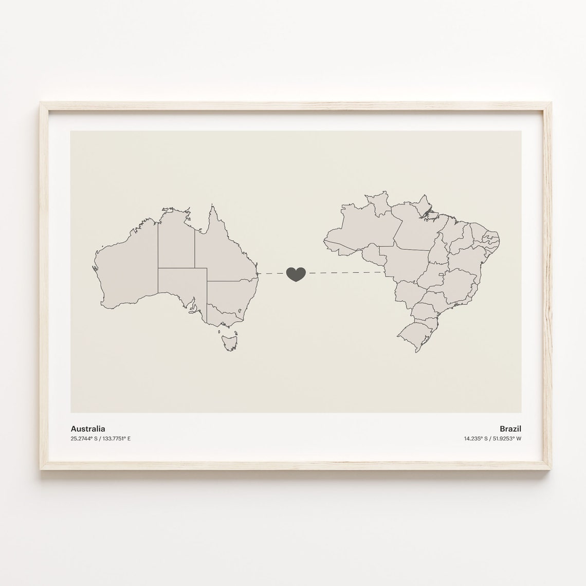 Australia to Brazil Minimalist Heart Couple Connection Map Poster