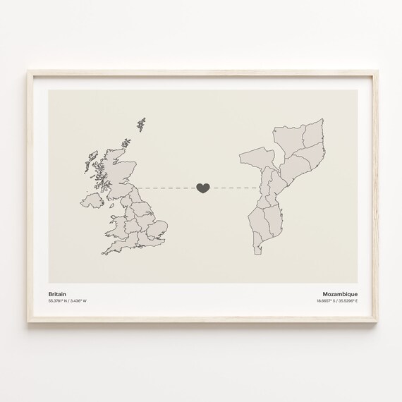 Britain to Mozambique Minimalist Long Distance Heart Connection Map Poster
