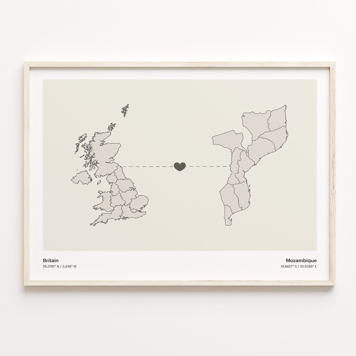 Britain to Mozambique Minimalist Long Distance Heart Connection Map Poster
