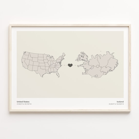 United States To Iceland Minimalist Heart Map Connection Gift Poster