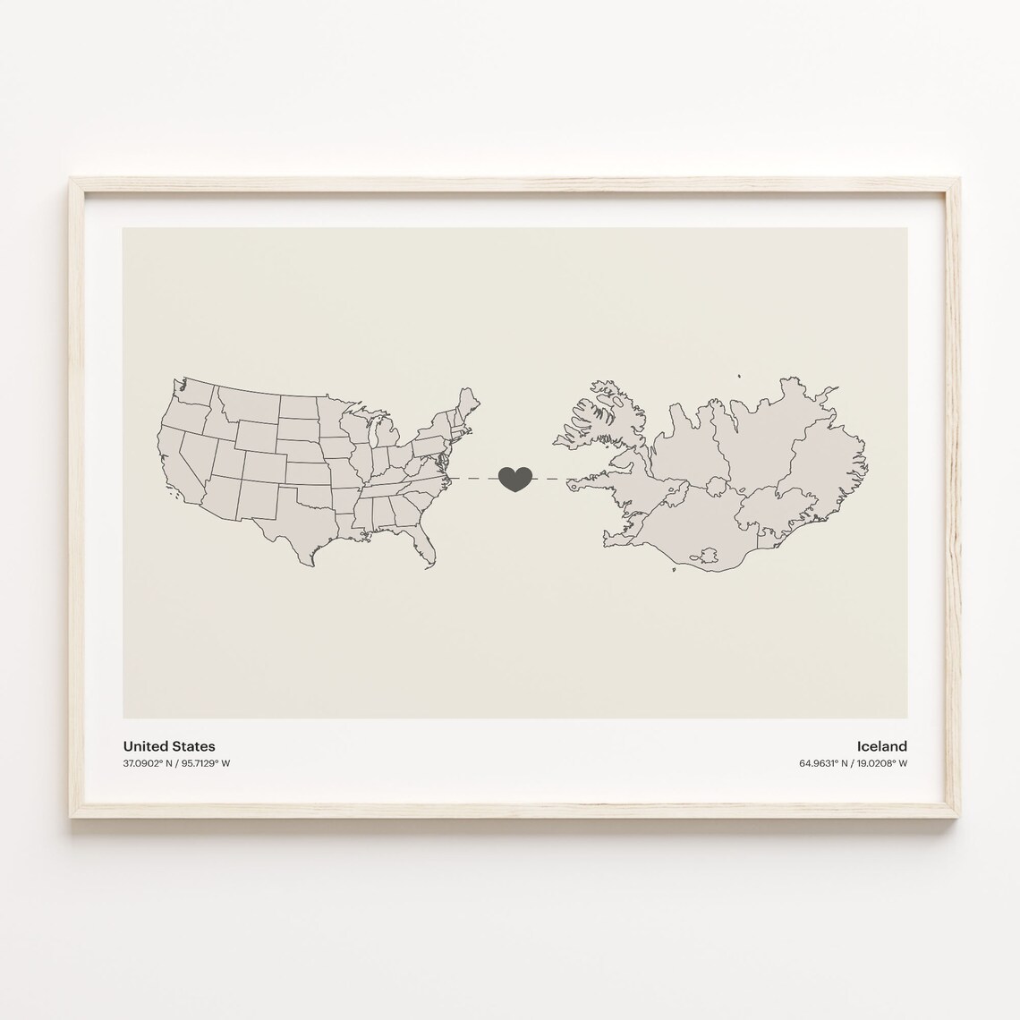 United States To Iceland Minimalist Heart Map Connection Gift Poster