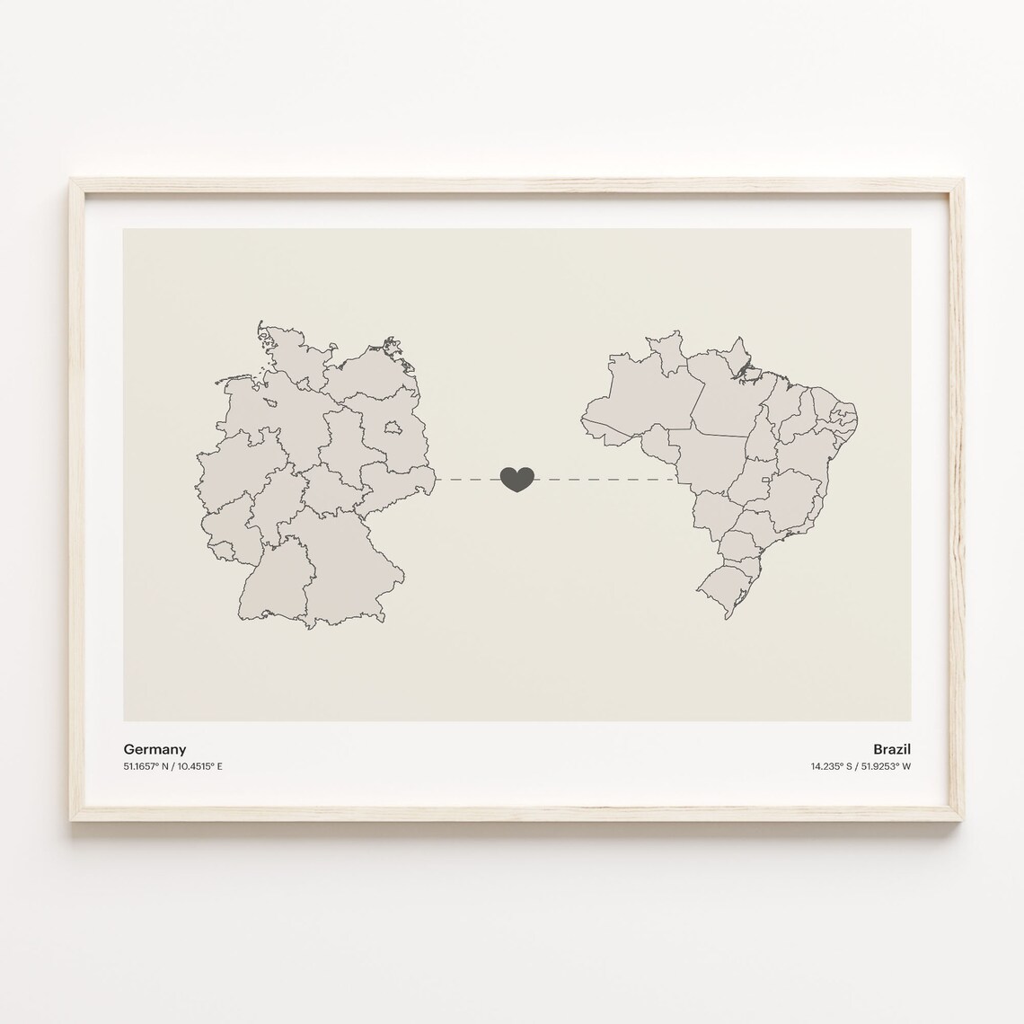Germany To Brazil Long Distance Heart Map Couple Gift Poster