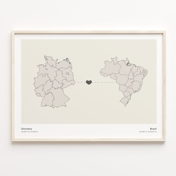 Germany To Brazil Long Distance Heart Map Couple Gift Poster