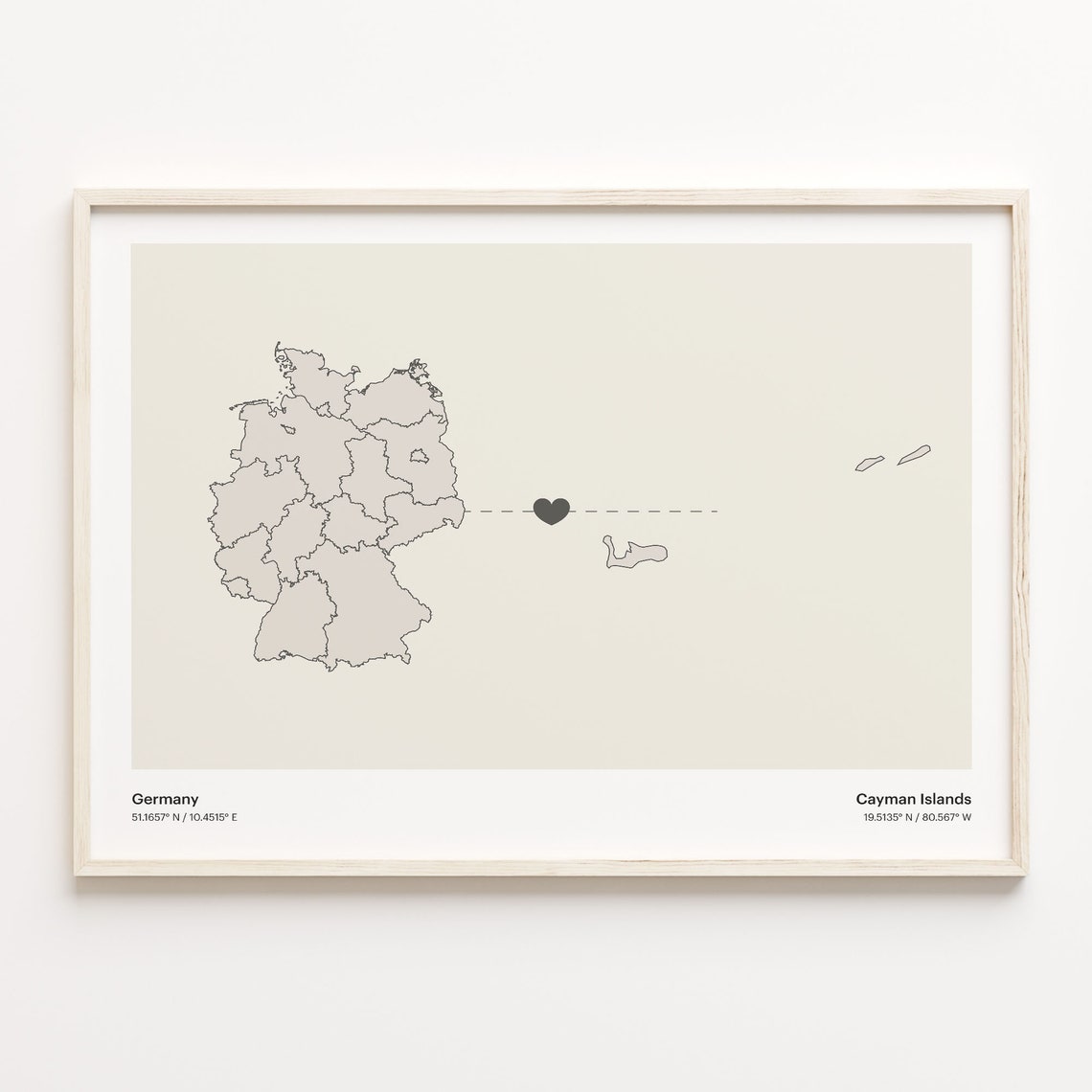 Germany Cayman Islands Heart Connection Long Distance Map Poster