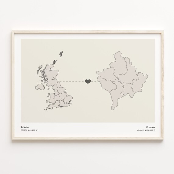 Britain Kosovo Long Distance Heart Connection Map Gift Poster