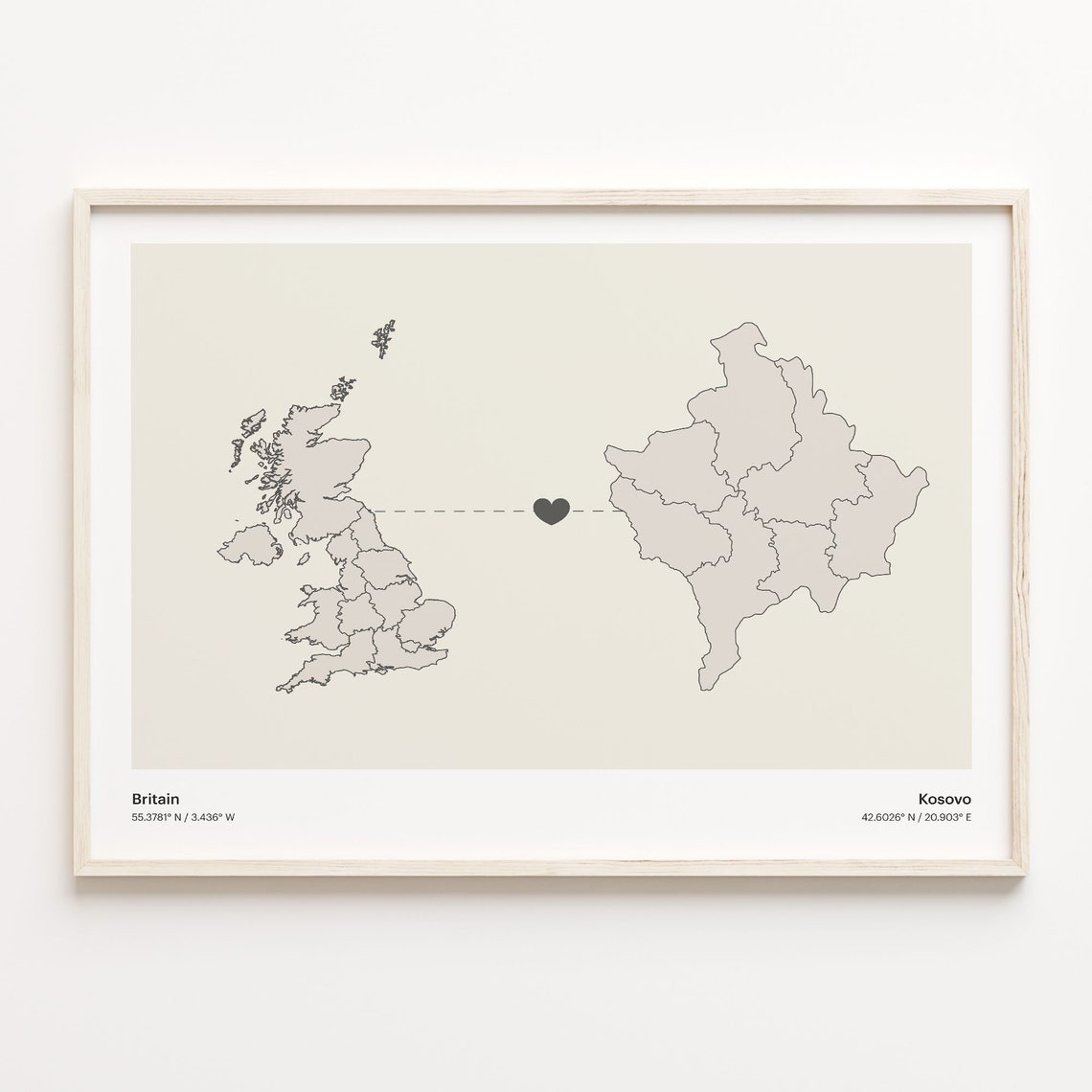 Britain Kosovo Long Distance Heart Connection Map Gift Poster