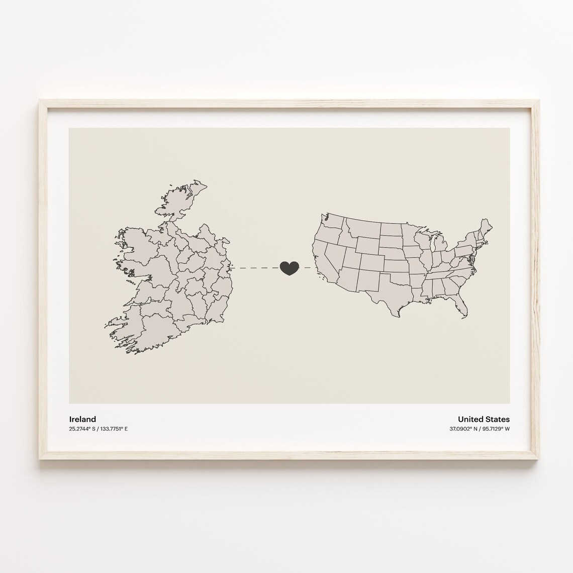 Ireland to United States Long Distance Heart Map Minimalist Connection Poster