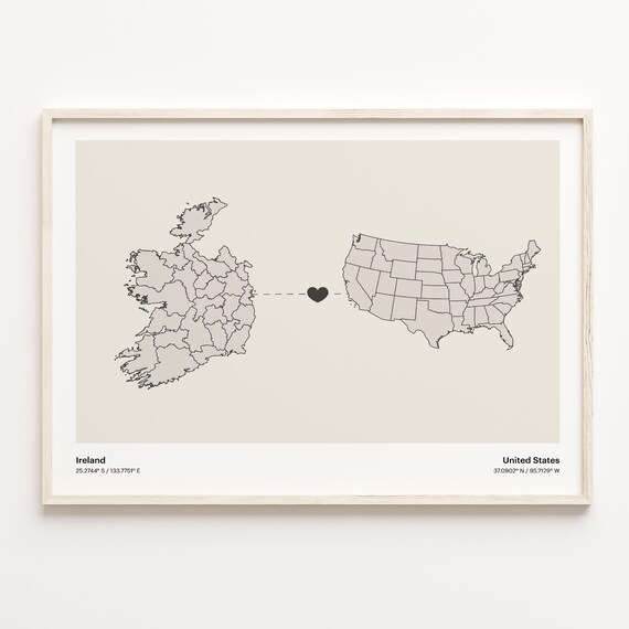 Ireland to United States Long Distance Heart Map Minimalist Connection Poster