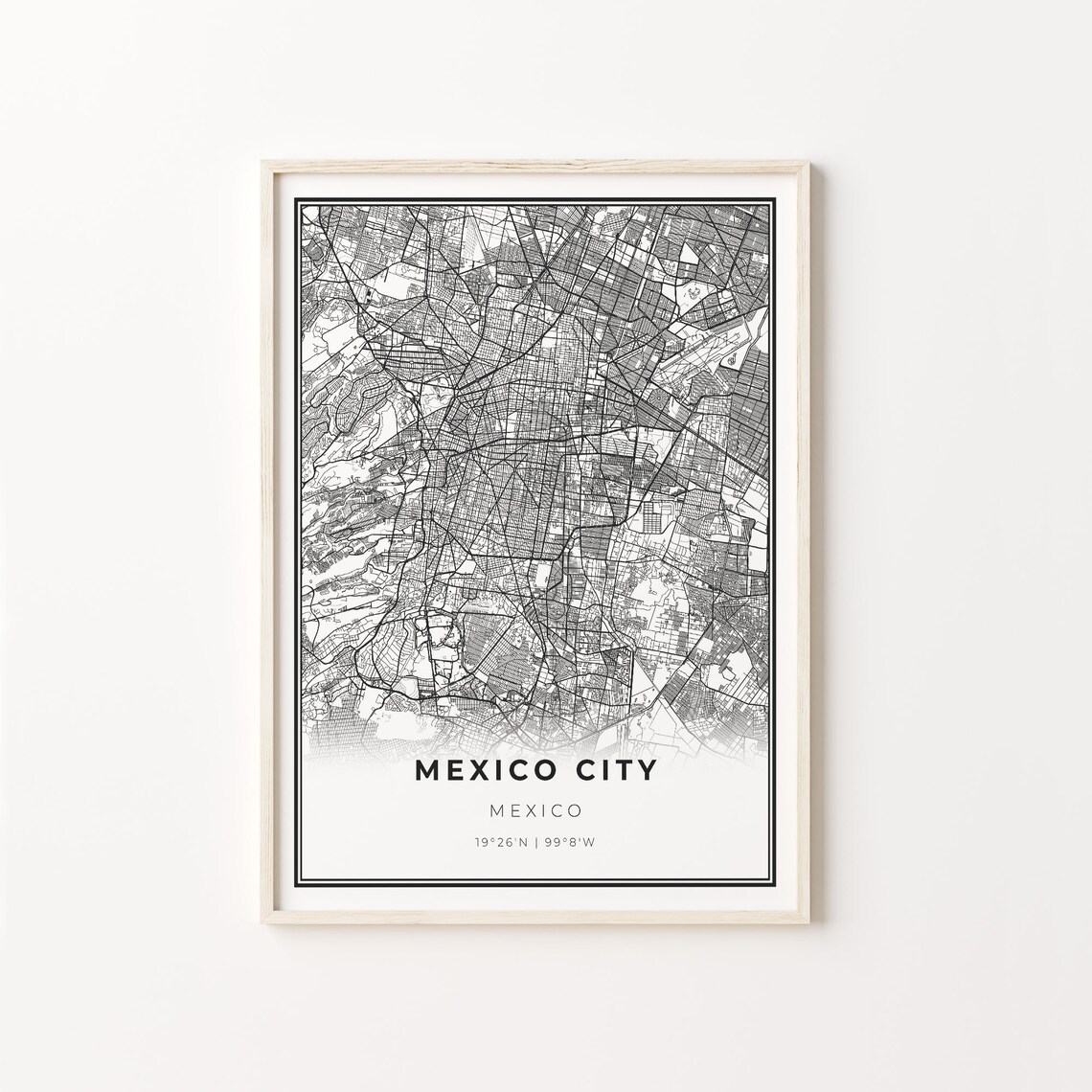 Mexico City Area Map, Modern Black and White Travel Poster
