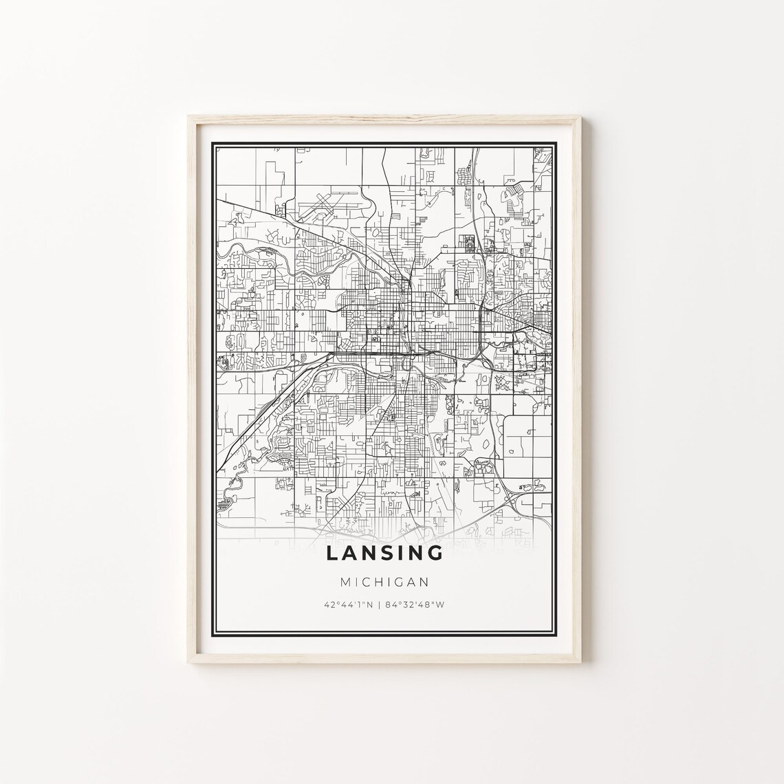 Lansing Michigan Minimalist Black White City Street Map Art Poster