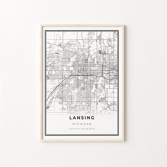Lansing Michigan Minimalist Black White City Street Map Art Poster
