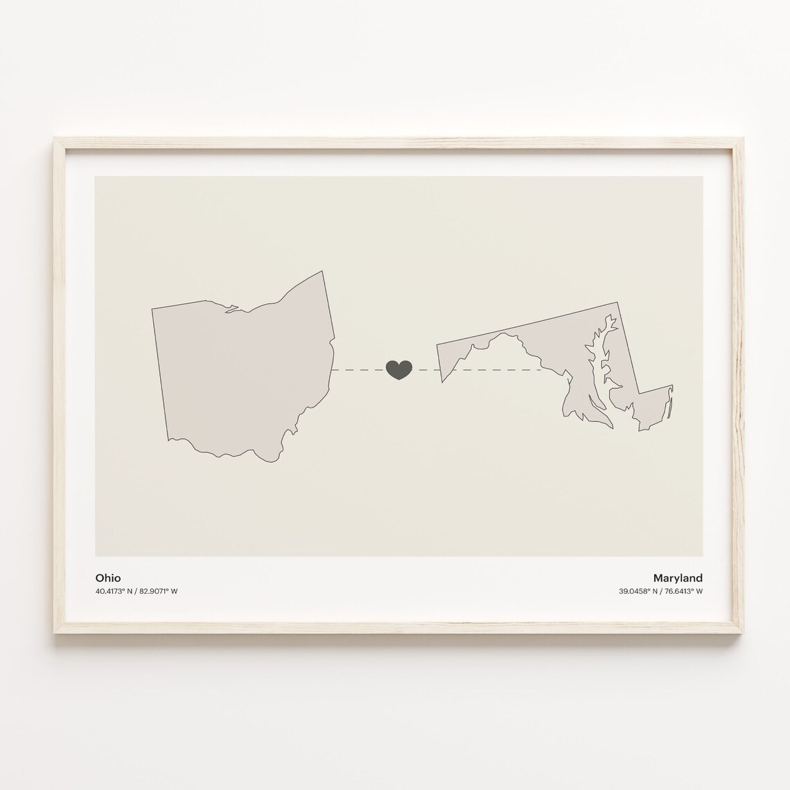 Ohio to Maryland Modern Minimalist Map Heart Line Art Poster