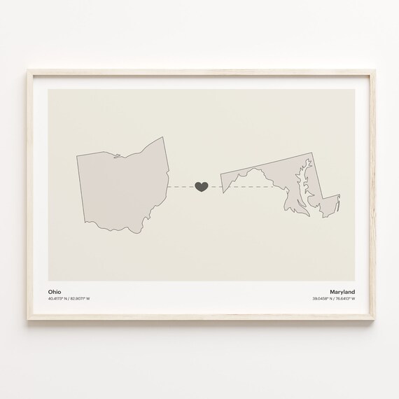 Ohio to Maryland Modern Minimalist Map Heart Line Art Poster