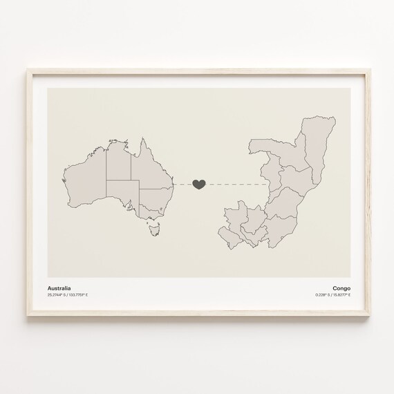 Australia to Congo Minimalist Heart Couple Connection Map Poster