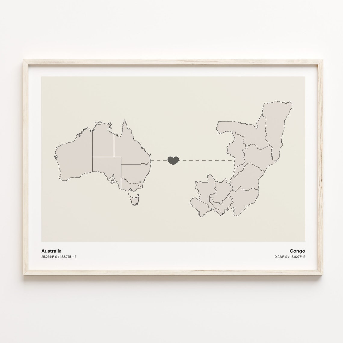 Australia to Congo Minimalist Heart Couple Connection Map Poster