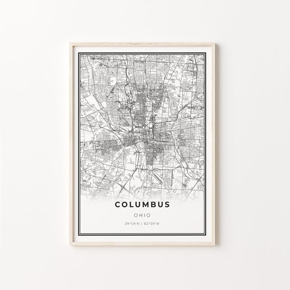 Columbus City Map Art Print, Black And White Style