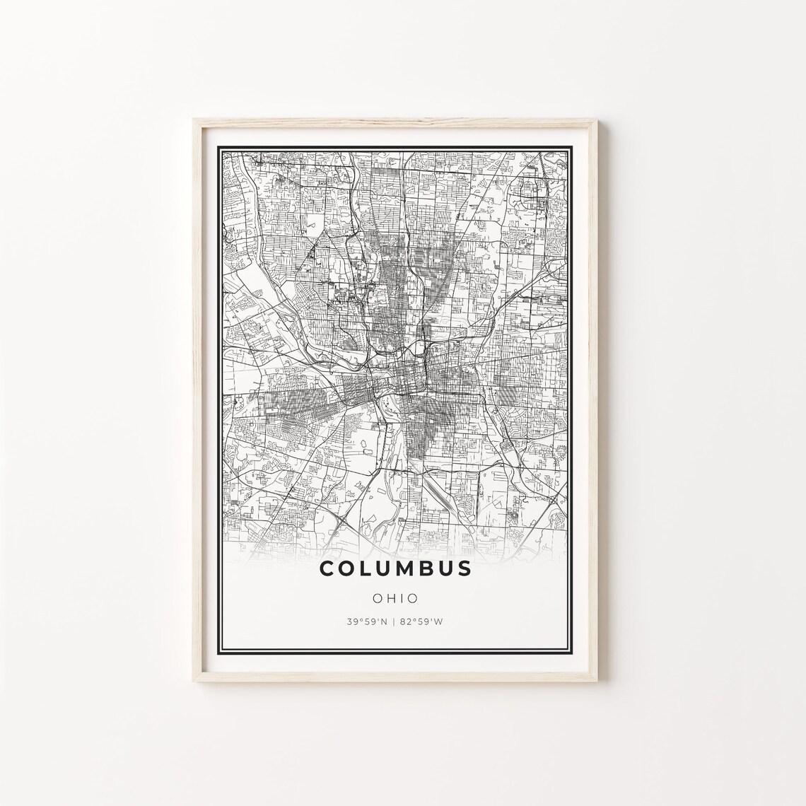 Columbus City Map Art Print, Black And White Style