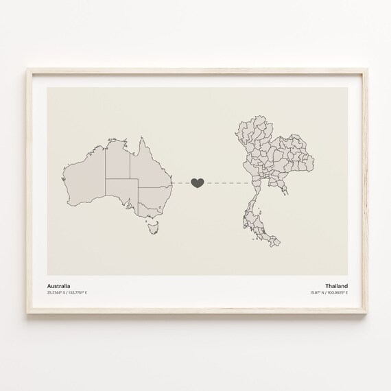 Australia To Thailand Heart Map Minimalist Country Connection Poster