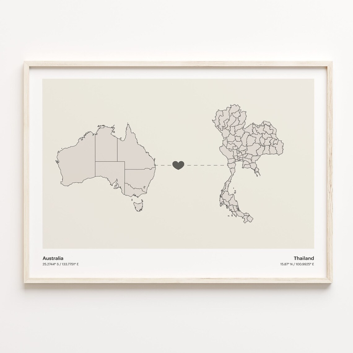 Australia To Thailand Heart Map Minimalist Country Connection Poster