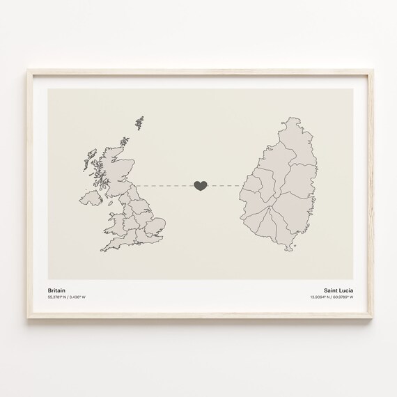 Britain To Saint Lucia Minimalist Country Heart Connection Map Poster