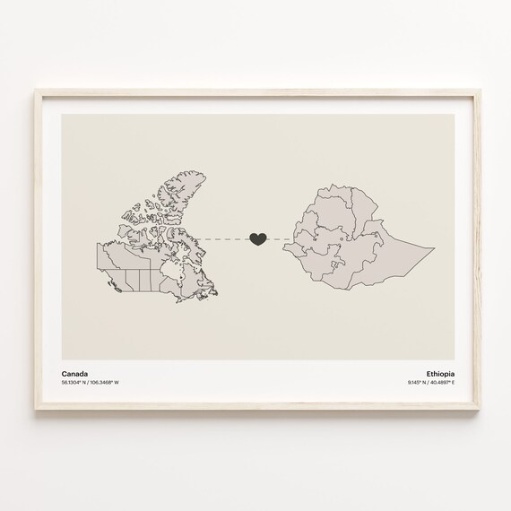 Canada To Ethiopia Soft Beige Heart Connection Minimalist Map Poster