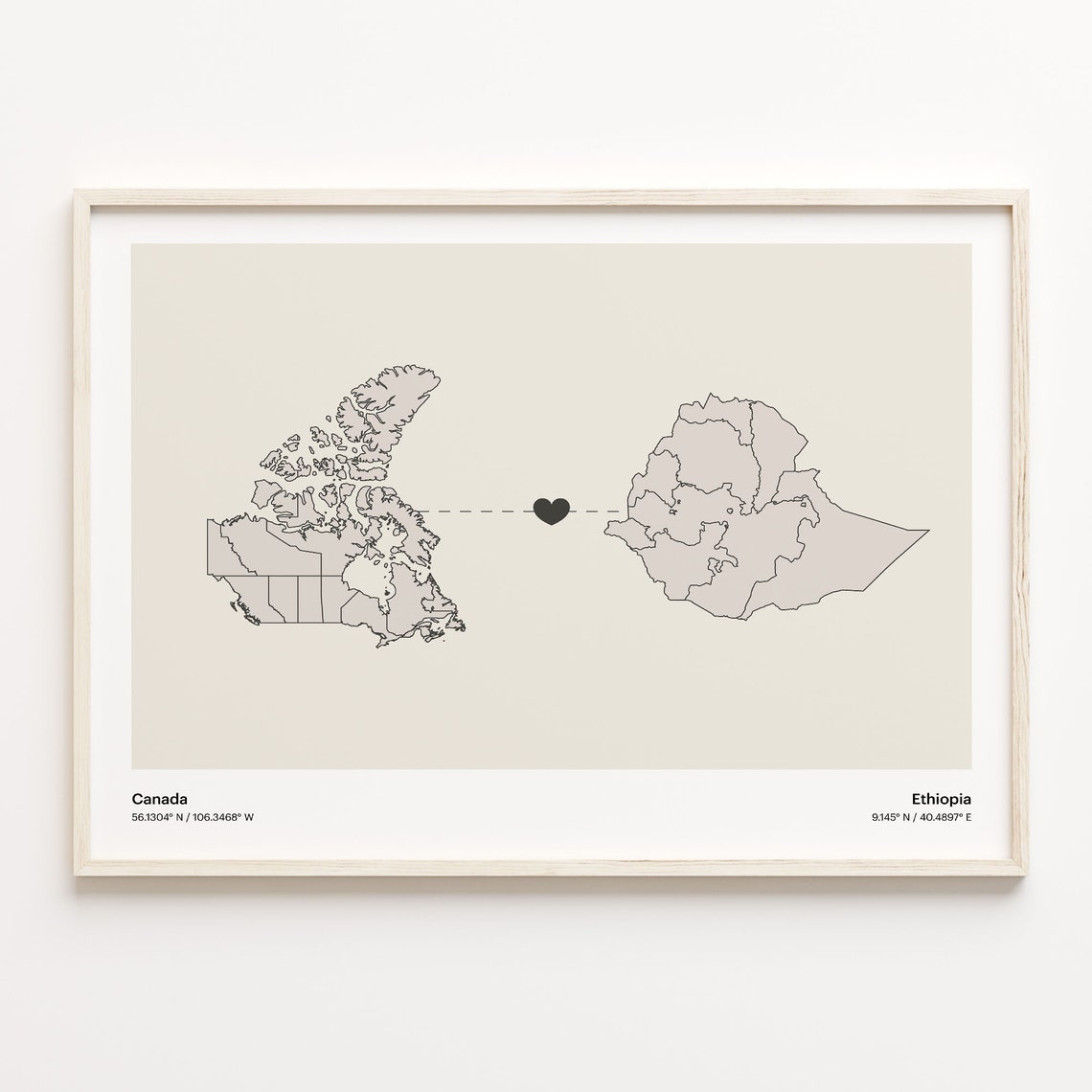 Canada To Ethiopia Soft Beige Heart Connection Minimalist Map Poster