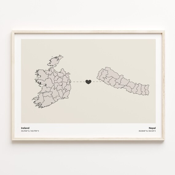 Ireland to Nepal Long Distance Love Heart Connection Map Poster