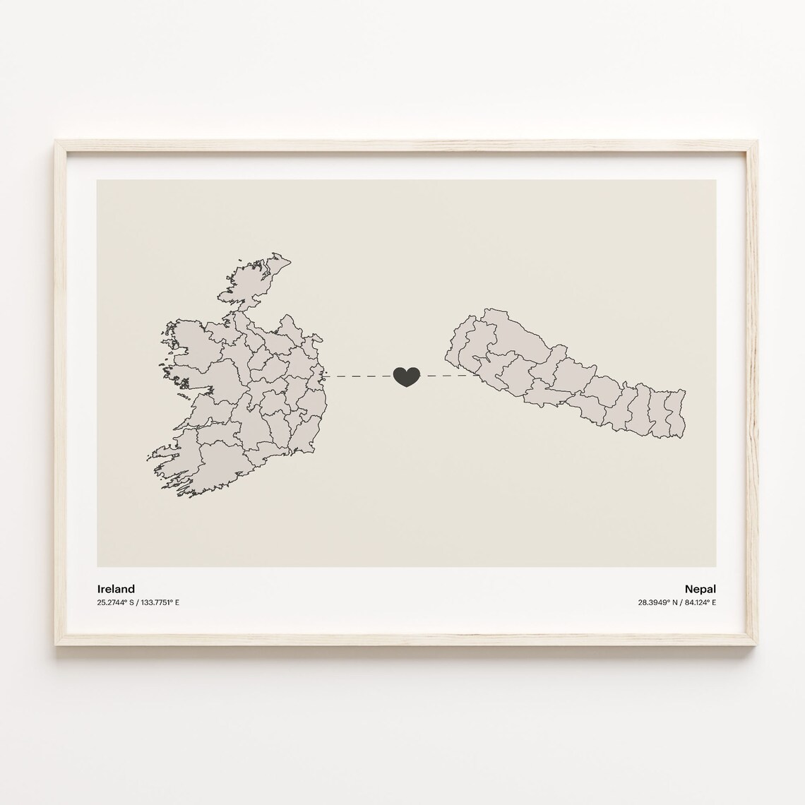 Ireland to Nepal Long Distance Love Heart Connection Map Poster