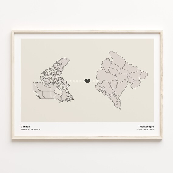 Canada To Montenegro Minimalist Love Connection Map Travel Poster
