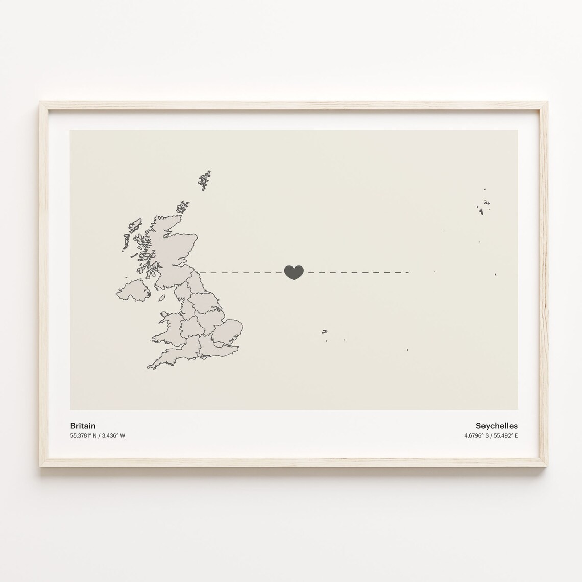 Britain to Seychelles Minimalist Long Distance Heart Map Connection Poster