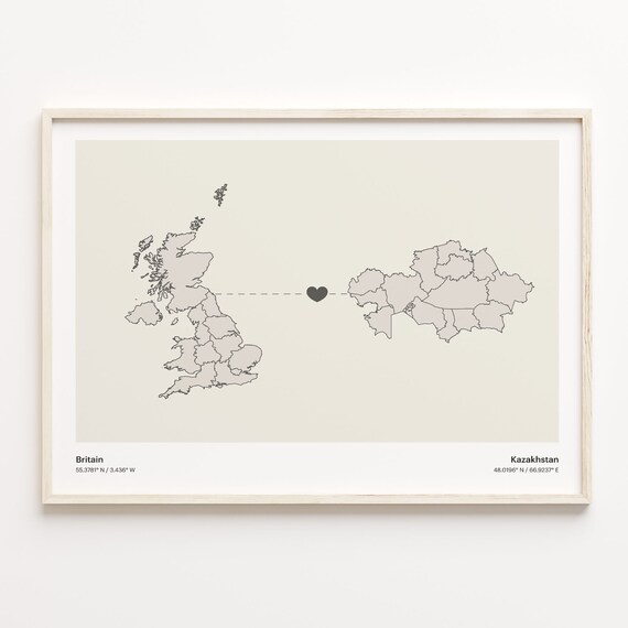 Britain To Kazakhstan Minimal Heart Country Connection Map Poster