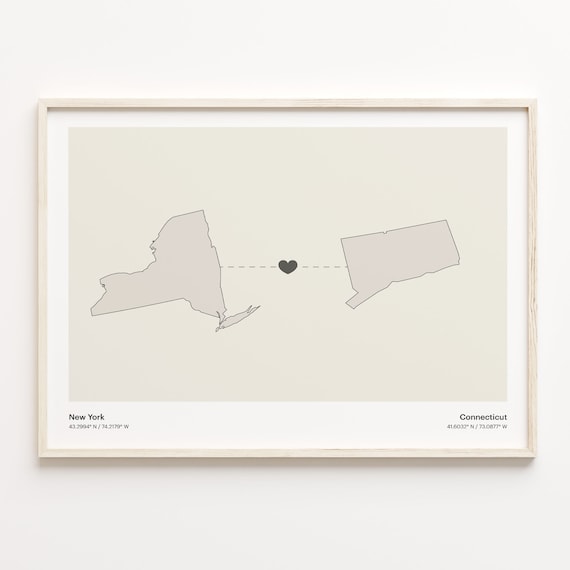 New York Connecticut Long Distance Connection Heart Map Poster