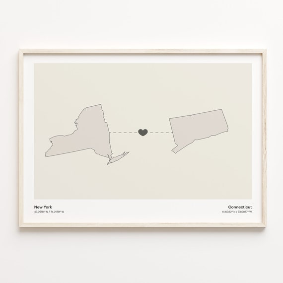 New York To Connecticut Print Connecticuter Gift Minimalistic State Connection Map Poster Travel Wall Art Goodbye C211357
